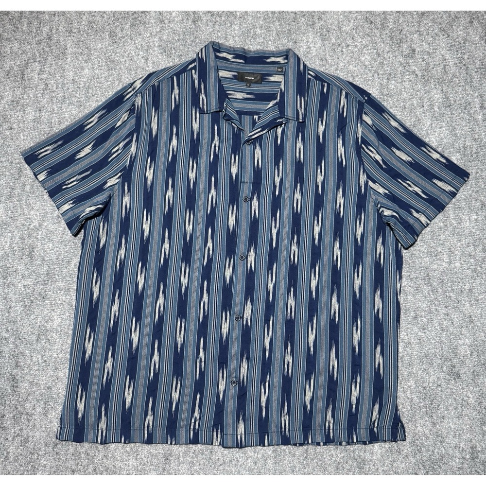 Vince Short Sleeve Button Up Loop Collar Shirt Men XL Ikat Stripe Blue M55421383